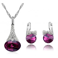 Platinum plated purple CZ diamonds fancy drops pendant with earrings